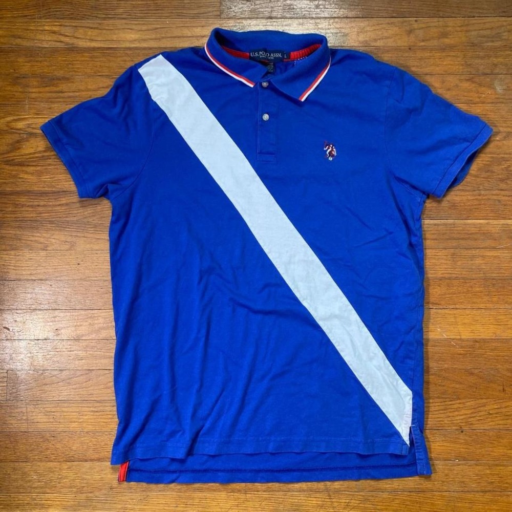 U.S. POLO‎ ASSN. White Striple Blue Polo Slim Fit Large